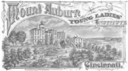 The cover of a catalog for the Mount Auburn Young Ladies Institute. The landscape of historic Mount Auburn is visible.