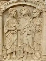 Detail of a sarcophagus depicting the Christian belief in the multiplication of bread loaves and fish by Jesus Christ, c. 350-375 AD, Vatican Museums