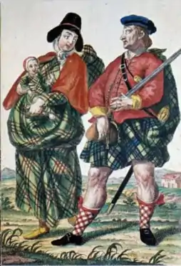 Highland soldier's family, 1754. A belted plaid, apparently bloused and pinned on one shoulder. The baby is dressed in a fitted garment of the same cloth; the woman also appears to have tailored sleeves.