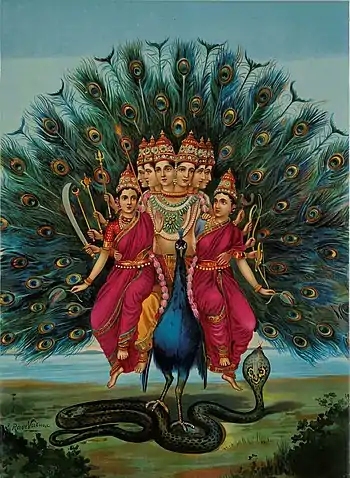 Lord Kartikeya with his wives on his peacock mount.