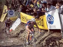 Johan Museeuw and Fabio Baldato on the Muur van Geraardsbergen