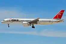 A Northwest Airlines 757-251 with PW2000 engines in flight.