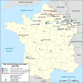 A map of France with red and blue markings indicating air force bases in 1966.