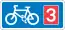 Rectangular, blue traffic sign with a white bicycle symbol and a red square with the number 3 in it.