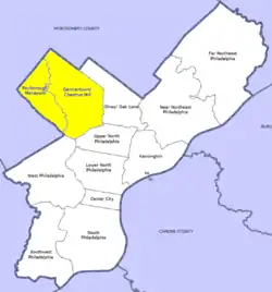 Map of Philadelphia County with Northwest highlighted, which contains the Germantown-Chestnut Hill neighborhood. Click for larger image.