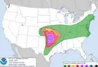 This version of the map shows a 45% probability of a tornado within 25 miles of a given point in the highest risk area, and a 10% chance of a significant tornado.