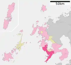 Map of Nagasaki Prefecture with Nagasaki highlighted in pink
