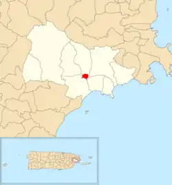 Location of Naguabo barrio-pueblo within the municipality of Naguabo shown in red