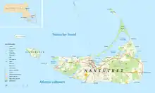 A map of the island of Nantucket pointing out various landmarks and geographic features.