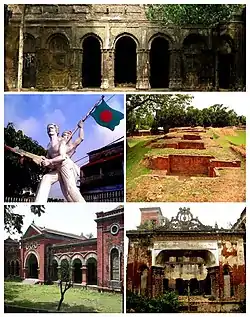 Clockwise from top: Balihar Rajbari, Jogoddol Bihar, Dubalhati Rajbari, Gaza Society Office, Shadhinota Monument