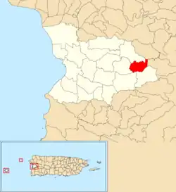Location of Naranjales within the municipality of Mayagüez shown in red