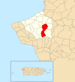 Location of Naranjo within the municipality of Aguada shown in red
