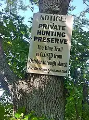 Narragansett Trail - Groton Sportsman Club Private Hunting Preserve hunting season trail closing sign at CT-49 (Pendleton HIll Rd) entrance.