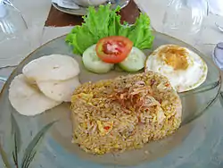 Nasi goreng topped with bawang goreng