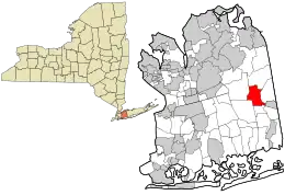 Location of Bethpage in Nassau County (left) and New York state (right)