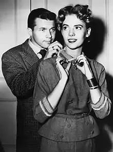 A black and white photograph of Wood on the right and Tom Bernard on the left from the television series The Pride of the Family