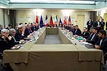 The ministers of foreign affairs of the United States, the United Kingdom, Russia, Germany, France, China, the European Union and Iran in the "Salle forum" (30 March 2015).