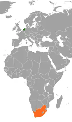 Map indicating locations of Netherlands and South Africa