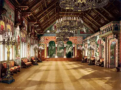 Romanesque Revival - The Singers' Hall of the Neuschwanstein Castle, Germany, by Eduard Riedel, begun in 1869