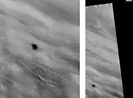 New Impact that formed between March 2000 and July 2003. Scale bar is 500 meters long. Image taken with HiRISE.