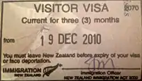 Visitors Visa Entry stamp (for all non-NZ/Australian passport holders without residency in either country)