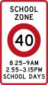 (R1-6.1) 40&nbsp;km/h school zone speed limit in effect during times specified (199?-2016)