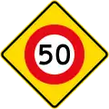 (W10-3) 50&nbsp;km/h speed limit ahead