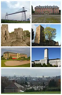 A montage of seven images of the sights of Newport. Clockwise from the top left: the Transporter Bridge in clear skies, the grounds and building at Tredegar House with the gates in the foreground, the remains of Newport Castle on the side facing the River Usk, St Woolos Cathedral and a tree in the foreground, The Celtic Manor resort building with the sand bunker of the golf course in the foreground, the Clock Tower of Newport City Council's Civic Centre, and a wide shot at the bottom of the skyline of Newport from a hill, with the Usk in the far distance.