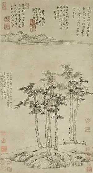 Ni Zan (Chinese: 倪瓚; 1301–1374), Six Gentlemen (Chinese: 六君子圖), ink on Xuan paper mounted on hanging scroll, dimensions: W 33.3&nbsp;cm, H 61.9&nbsp;cm, 1345, China. Collected by Shanghai Museum.