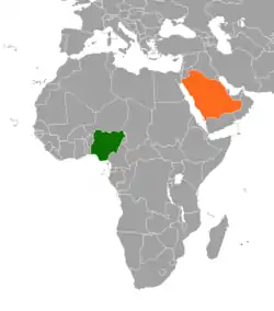 Map indicating locations of Nigeria and Saudi Arabia