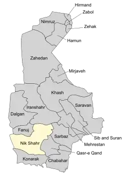 Location of Nik Shahr County in Sistan and Baluchestan province