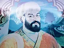 Imaginary depiction of Falaki Shirvani on a window of the Nizami Museum of Azerbaijani Literature