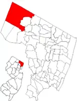 Map highlighting Mahwah's location within Bergen County. Inset: Bergen County's location within New Jersey.