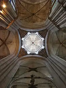 The octagonal central tower of Evreux Cathedral seen from below