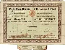 Stock certificate of the Norsk Hydro-Elektrisk for 180 gold crowns = 250 francs, issued on 1 July 1912 in Notodden, signed in the original by the Swedish banker and politician Knut Agathon Wallenberg for the Board of Directors