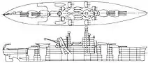 A line drawing of a ship with four gun turrets—two mounted each fore and aft—a large superstructure with two high masts, and a catapult over the third turret.