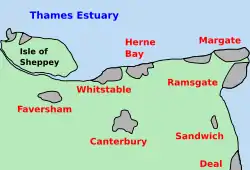 A map of north-east Kent, with urban areas shaded in grey. Labels mark the locations of the Thames Estuary, the Isle of Sheppey, Whitstable, Herne Bay, Margate, Ramsgate, Sandwich, Deal, Faversham and Canterbury.