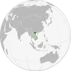 Administrative territory of the Democratic Republic of Vietnam in Southeast Asia according to 1954 Geneva Accord is in dark green; land claimed, but not controlled is in light green.
