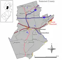 Map of North Plainfield in Somerset County. Inset: Location of Somerset County in New Jersey.
