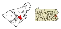 Location of Bethlehem in Lehigh and Northampton Counties (left) and of Lehigh and Northampton Counties in Pennsylvania (right)