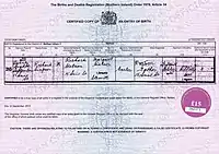 A Northern Irish birth certificate.