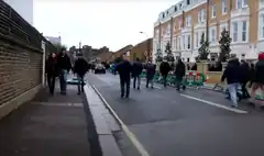 The northern part of Stevenage Road, looking south towards Craven Cottage. Lamplugh's white Ford Fiesta car was found abandoned very close to this spot, 100m further down the road in the direction the camera is facing.