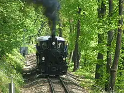 Historic train on the Nagy-Hárs-hegyi section of the children's railway near Hárs-hegy railway station