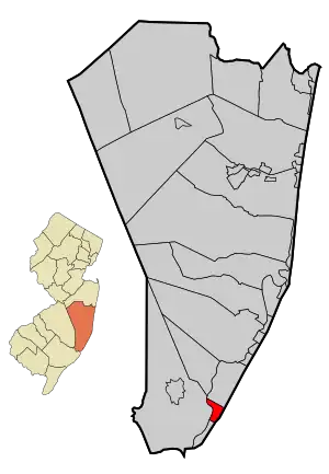 Map of Beach Haven in Ocean County. Inset: Location of Ocean county highlighted in the State of New Jersey.
