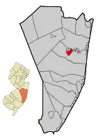 Map of Beachwood in Ocean County. Inset: Location of Ocean County highlighted in the State of New Jersey.