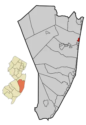 Map of Lavallette in Ocean County. Inset: Location of Ocean County in New Jersey