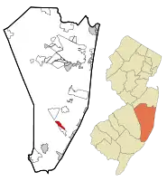 Map of Manahawkin CDP in Ocean County. Inset: Location of Ocean County in New Jersey.