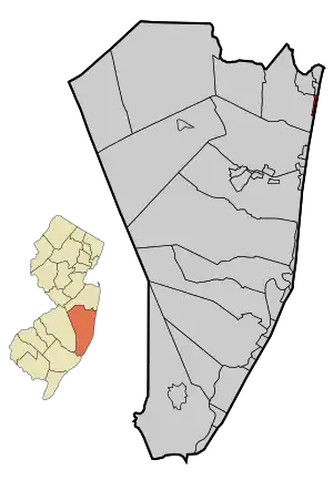 Map of Mantoloking in Ocean County. Inset; Location of Ocean County highlighted in the State of New Jersey.
