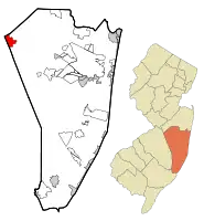 Map of New Egypt in Ocean County. Inset: Location of Ocean County in New Jersey.