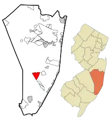 Map of Ocean Acres in Ocean County. Inset: Location of Ocean County in New Jersey.
